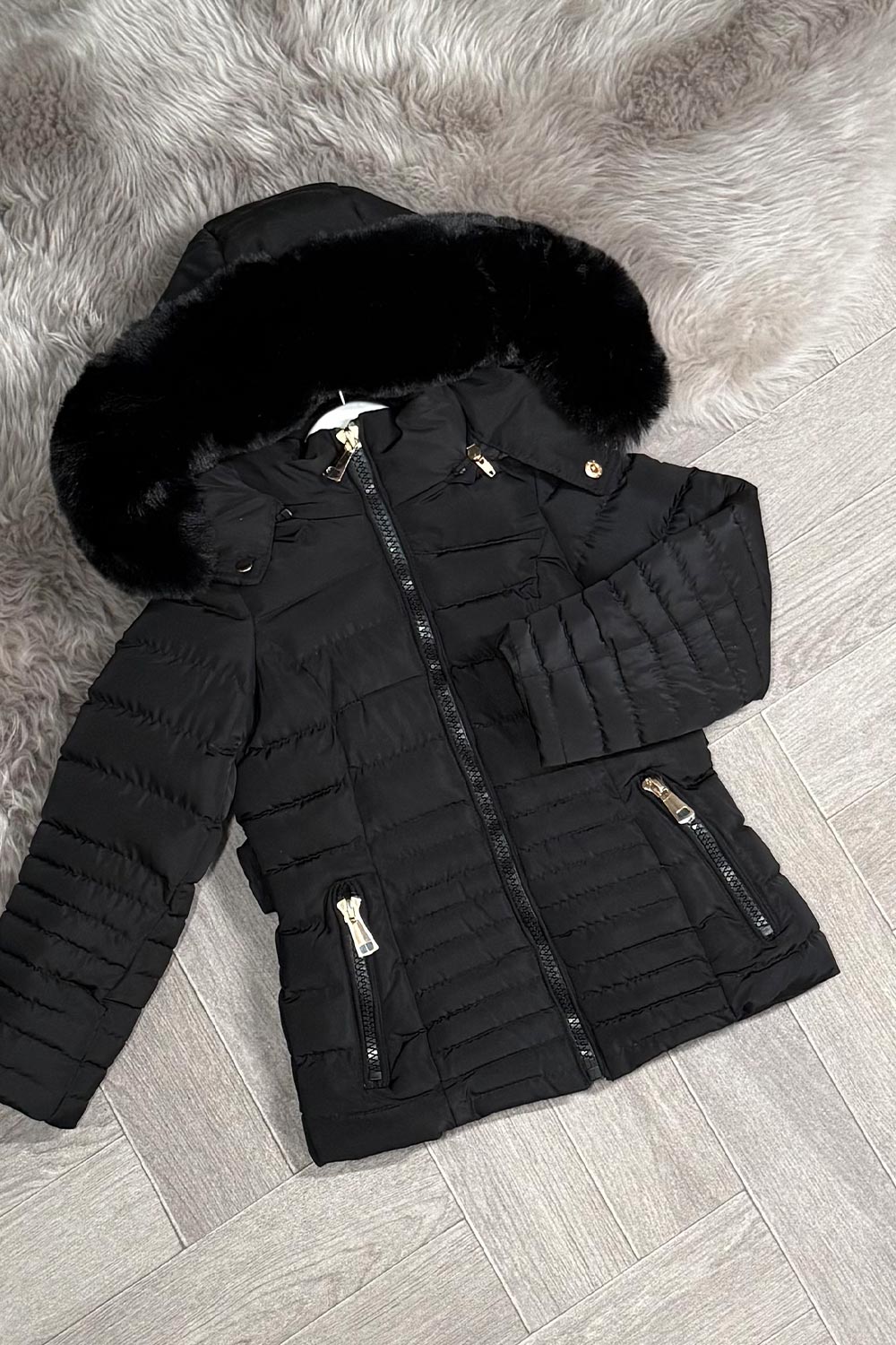 Girls Black Puffer Jacket With Faux Fur Hood And Gold Belt