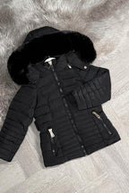 Girls Black Puffer Jacket With Faux Fur Hood And Gold Belt