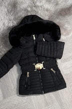 Girls Black Puffer Jacket With Faux Fur Hood And Gold Belt