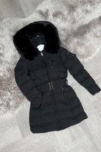 Girls Long Puffer Coat With Fur Hood And Belt