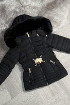 Girls Black Puffer Jacket With Faux Fur Hood And Gold Belt