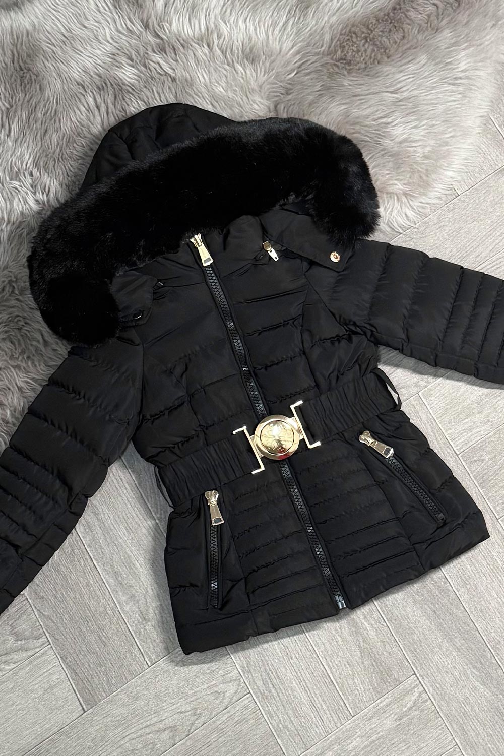 Girls Black Puffer Jacket With Faux Fur Hood And Gold Belt