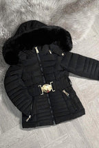Girls Black Puffer Jacket With Faux Fur Hood And Gold Belt