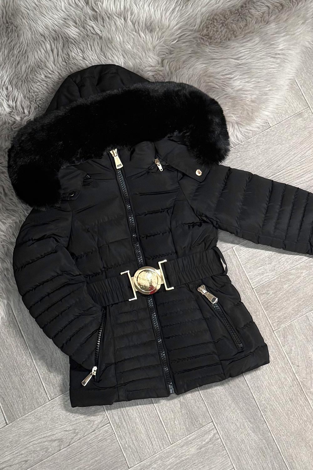 Girls Black Puffer Jacket With Faux Fur Hood And Gold Belt
