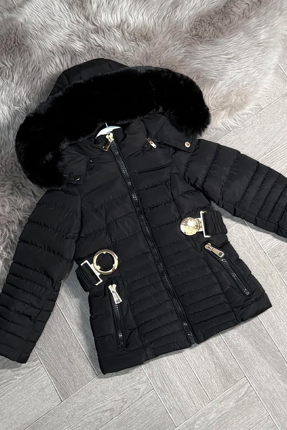 Girls Black Puffer Jacket With Faux Fur Hood And Gold Belt