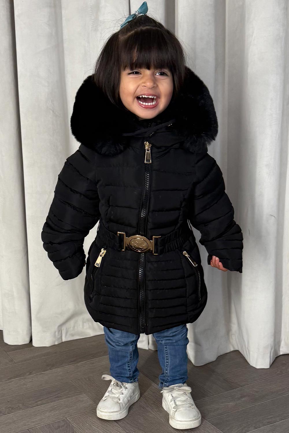 Girls Black Puffer Jacket With Faux Fur Hood And Gold Belt