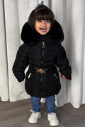 Girls Black Puffer Jacket With Faux Fur Hood And Gold Belt
