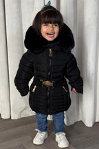 Girls Black Puffer Jacket With Faux Fur Hood And Gold Belt