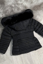 Girls Black Puffer Jacket With Faux Fur Hood And Gold Belt