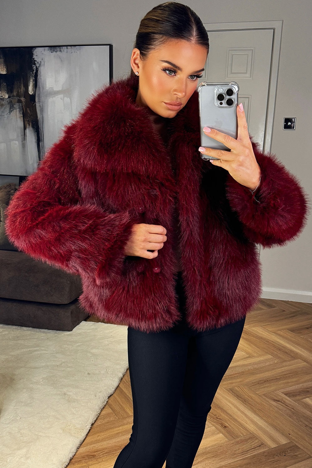 Faux Fur Short Plush Jacket Burgundy