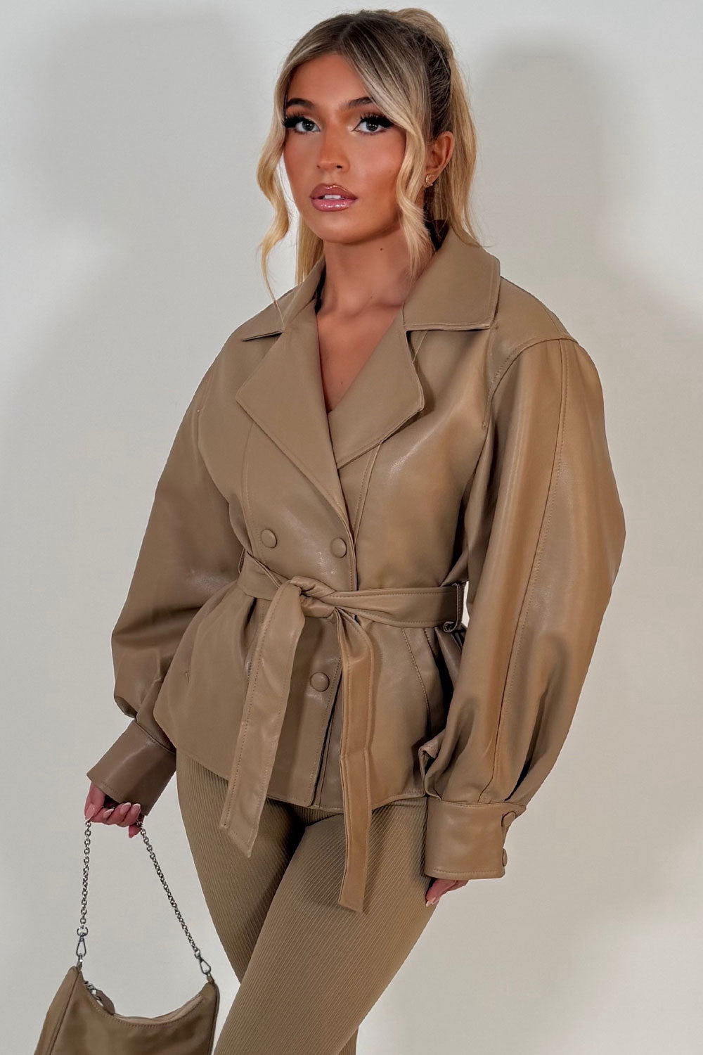 Leather Effect Jacket With Lapel Collar And Belt Beige