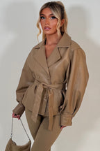 Leather Effect Jacket With Lapel Collar And Belt Beige
