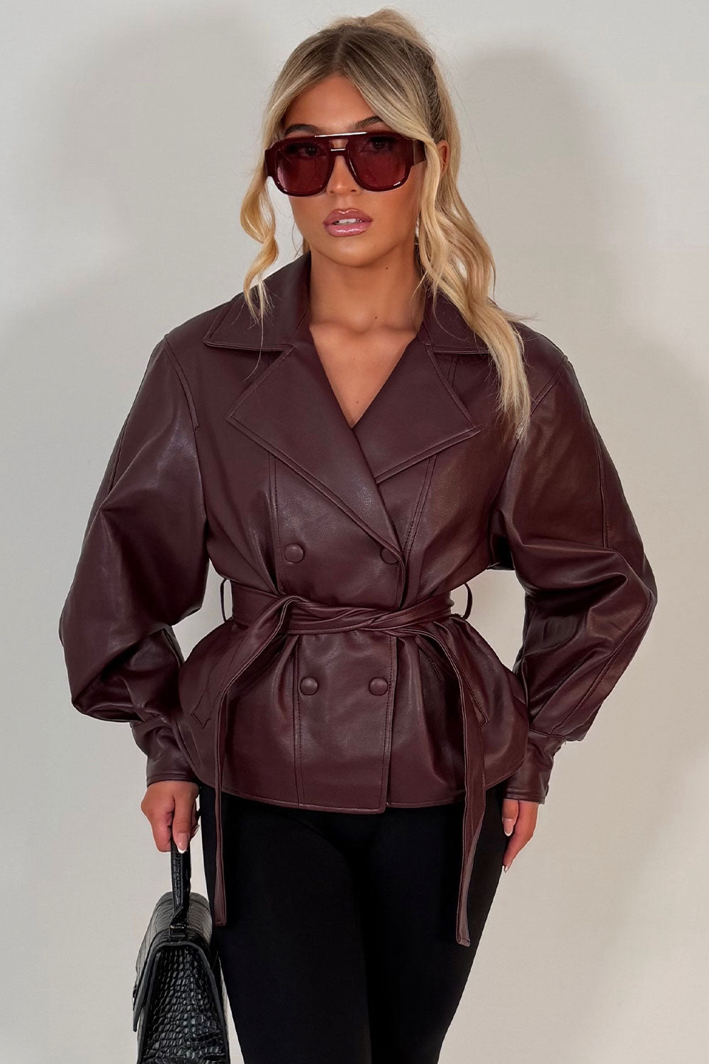 Leather Effect Jacket With Lapel Collar And Belt Burgundy