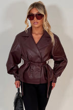 Leather Effect Jacket With Lapel Collar And Belt Burgundy