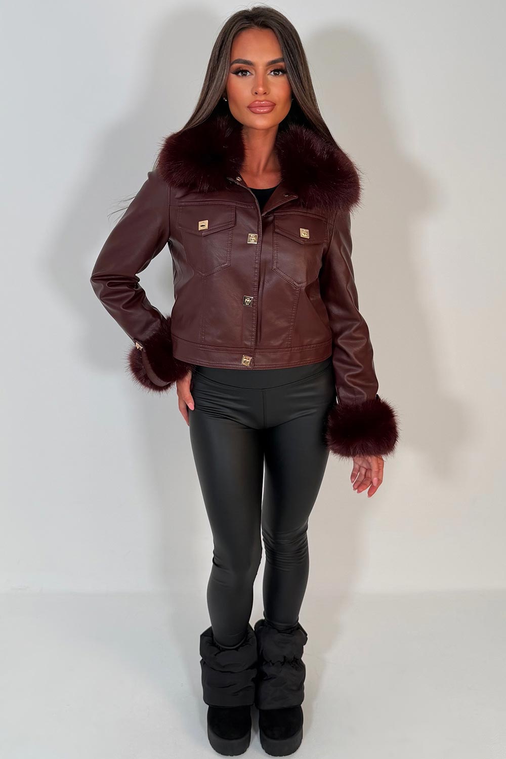 Burgundy Faux Fur Faux Leather Bomber Jacket With Gold Button