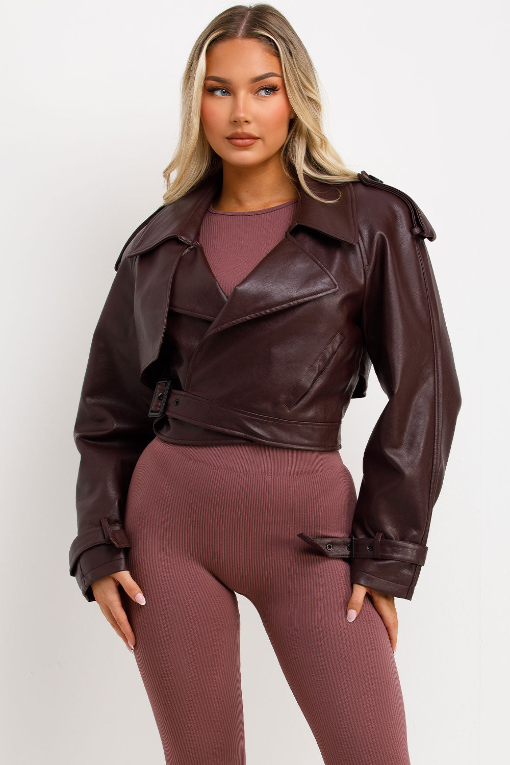 Burgundy Faux Leather Jacket With Tabs