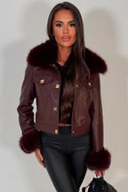 Burgundy Faux Fur Faux Leather Bomber Jacket With Gold Button