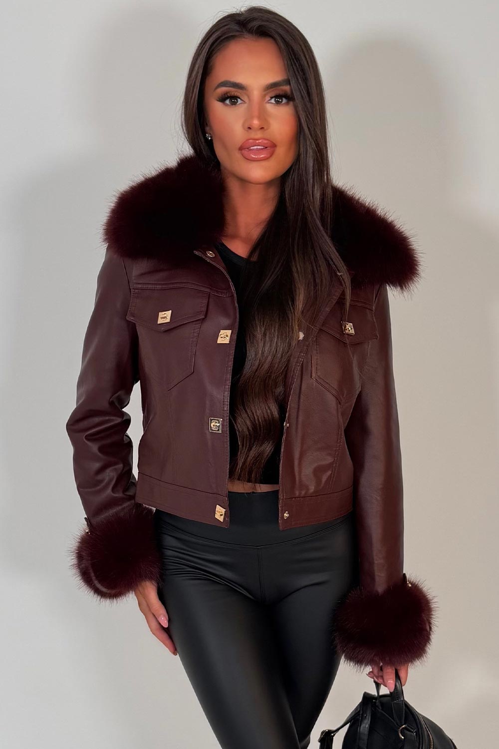 Burgundy Faux Fur Faux Leather Bomber Jacket With Gold Button