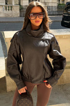 Faux Leather Funnel Neck Jacket Brown