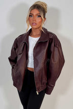 Faux Leather Funnel Neck Jacket Burgundy