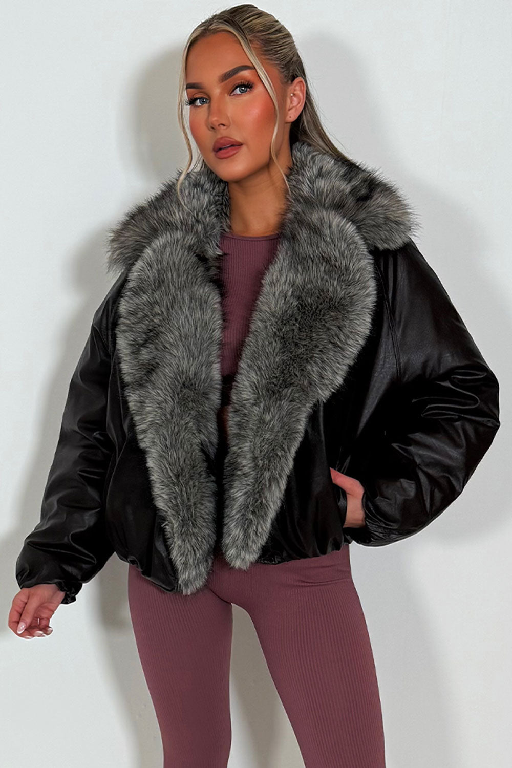 Brown Bomber Jacket With Faux Fur Collar And Trim