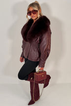 Burgundy Fur Collar Faux Leather Jacket With Cinched Waist