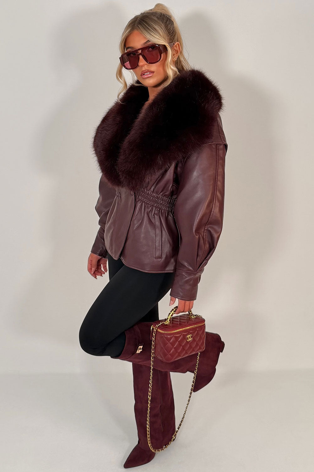 Burgundy Fur Collar Faux Leather Jacket With Cinched Waist