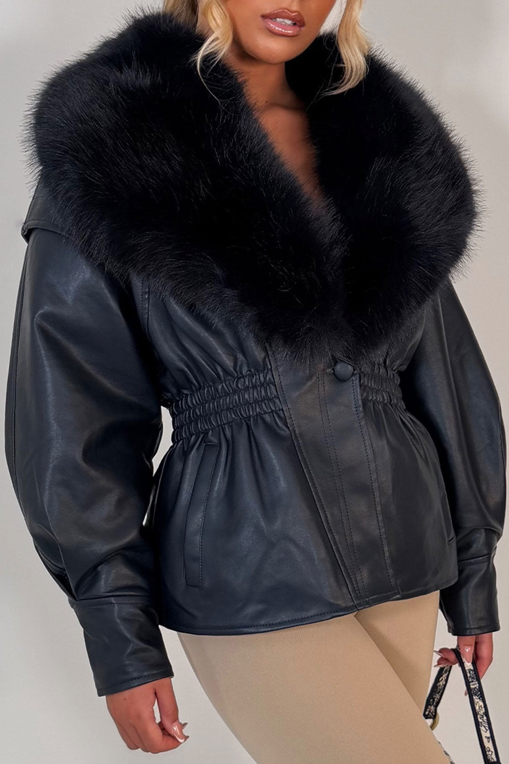 Navy Fur Collar Faux Leather Jacket With Cinched Waist