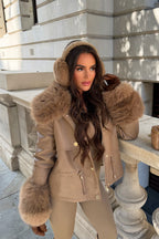 Taupe Faux Leather Jacket With Faux Fur Collar Cuff & Adjustable Waist