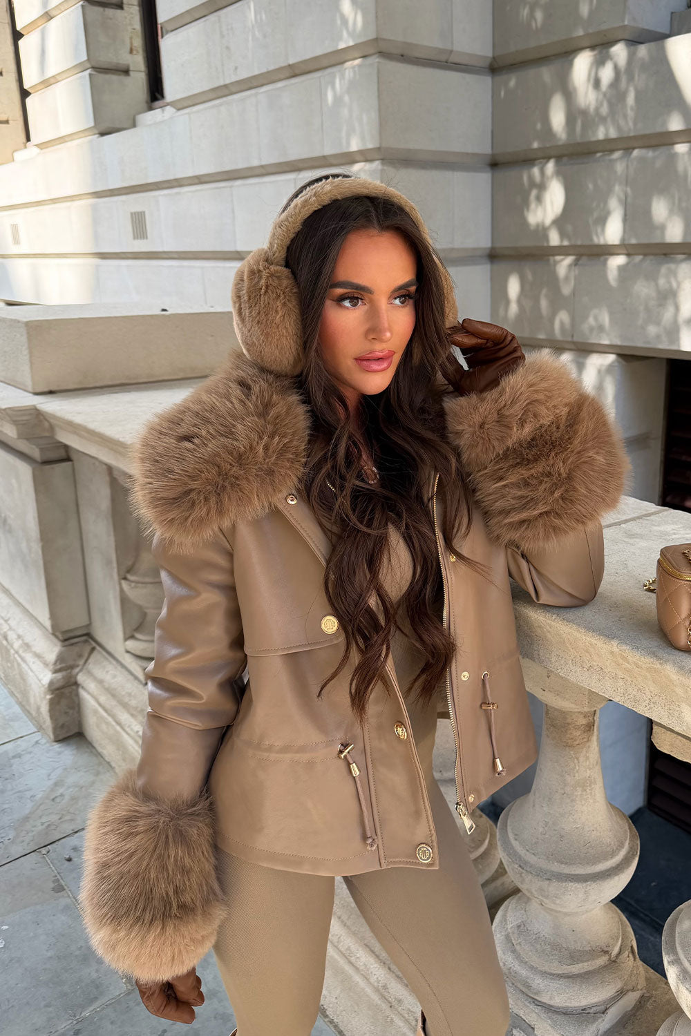 Taupe Faux Leather Jacket With Faux Fur Collar Cuff & Adjustable Waist