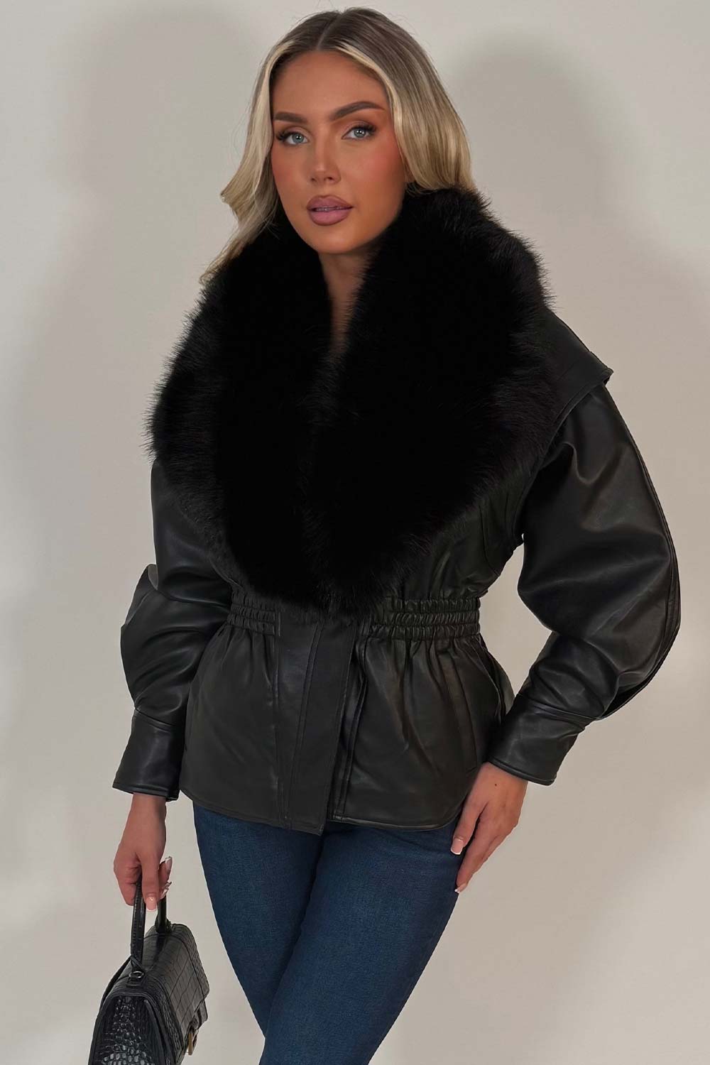 Black Fur Collar Faux Leather Jacket With Cinched Waist