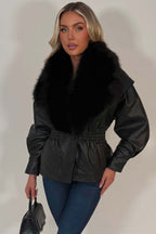 Black Fur Collar Faux Leather Jacket With Cinched Waist