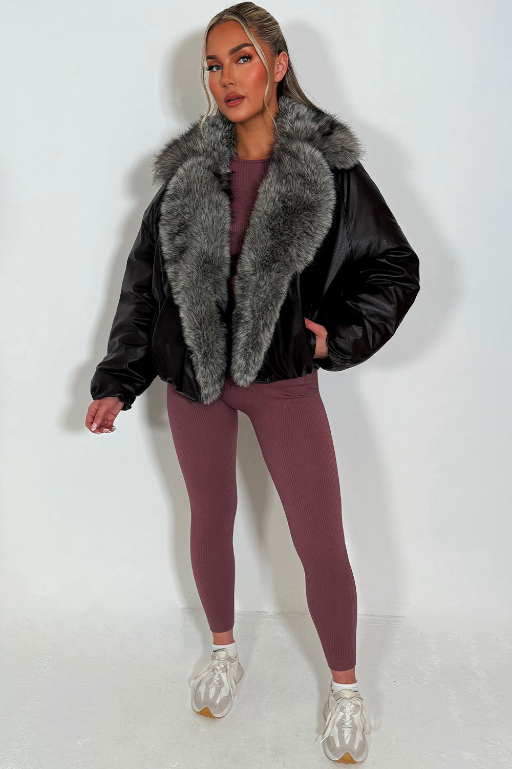Brown Bomber Jacket With Faux Fur Collar And Trim