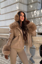 Taupe Faux Leather Jacket With Faux Fur Collar Cuff & Adjustable Waist