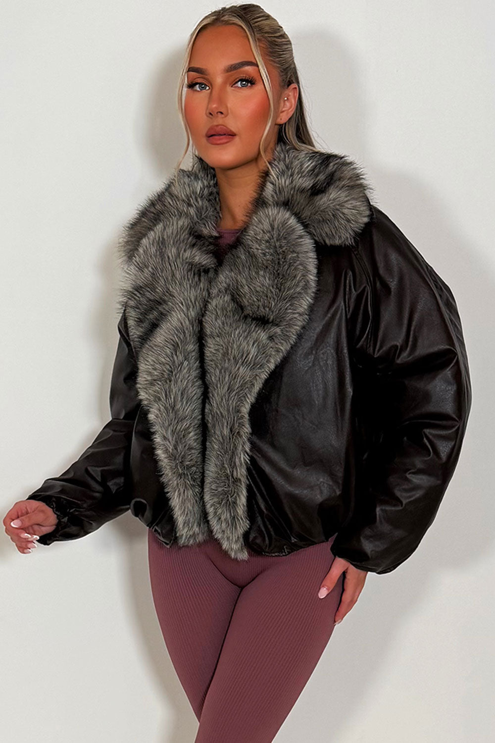 Brown Bomber Jacket With Faux Fur Collar And Trim