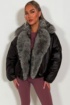 Brown Bomber Jacket With Faux Fur Collar And Trim