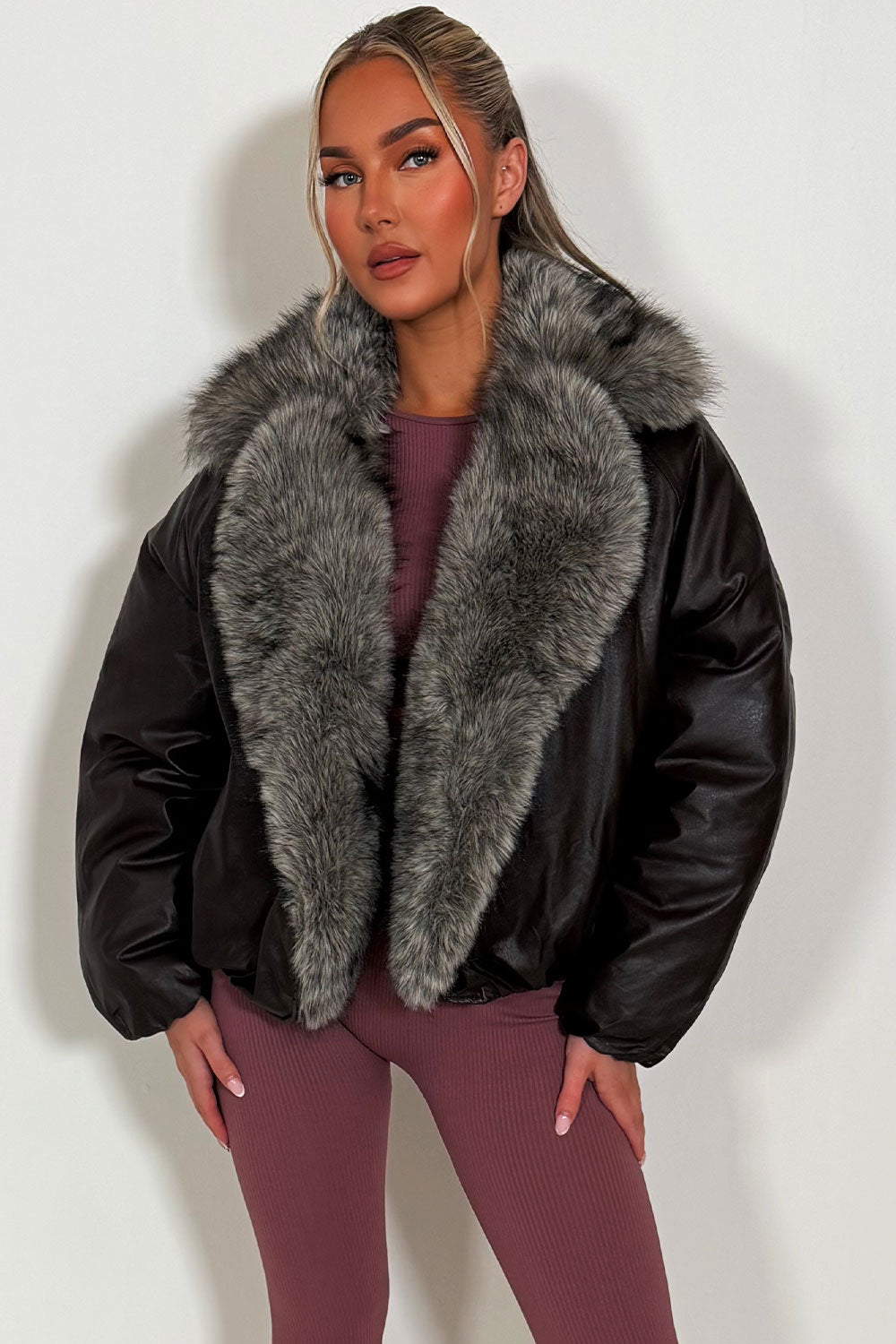Brown Bomber Jacket With Faux Fur Collar And Trim