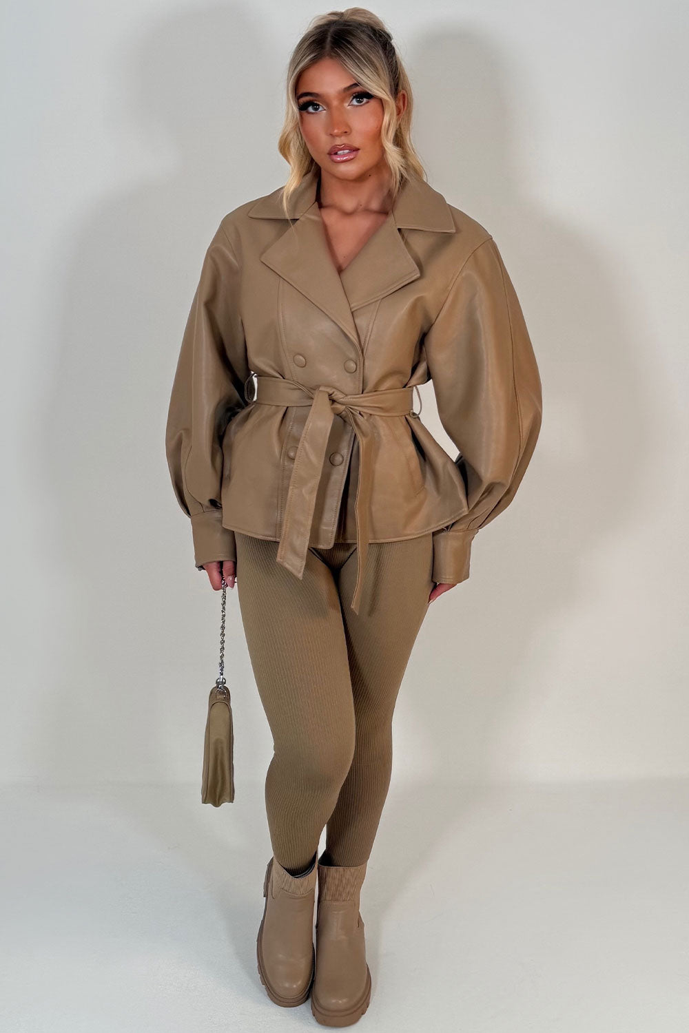 Leather Effect Jacket With Lapel Collar And Belt Beige