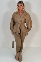 Leather Effect Jacket With Lapel Collar And Belt Beige