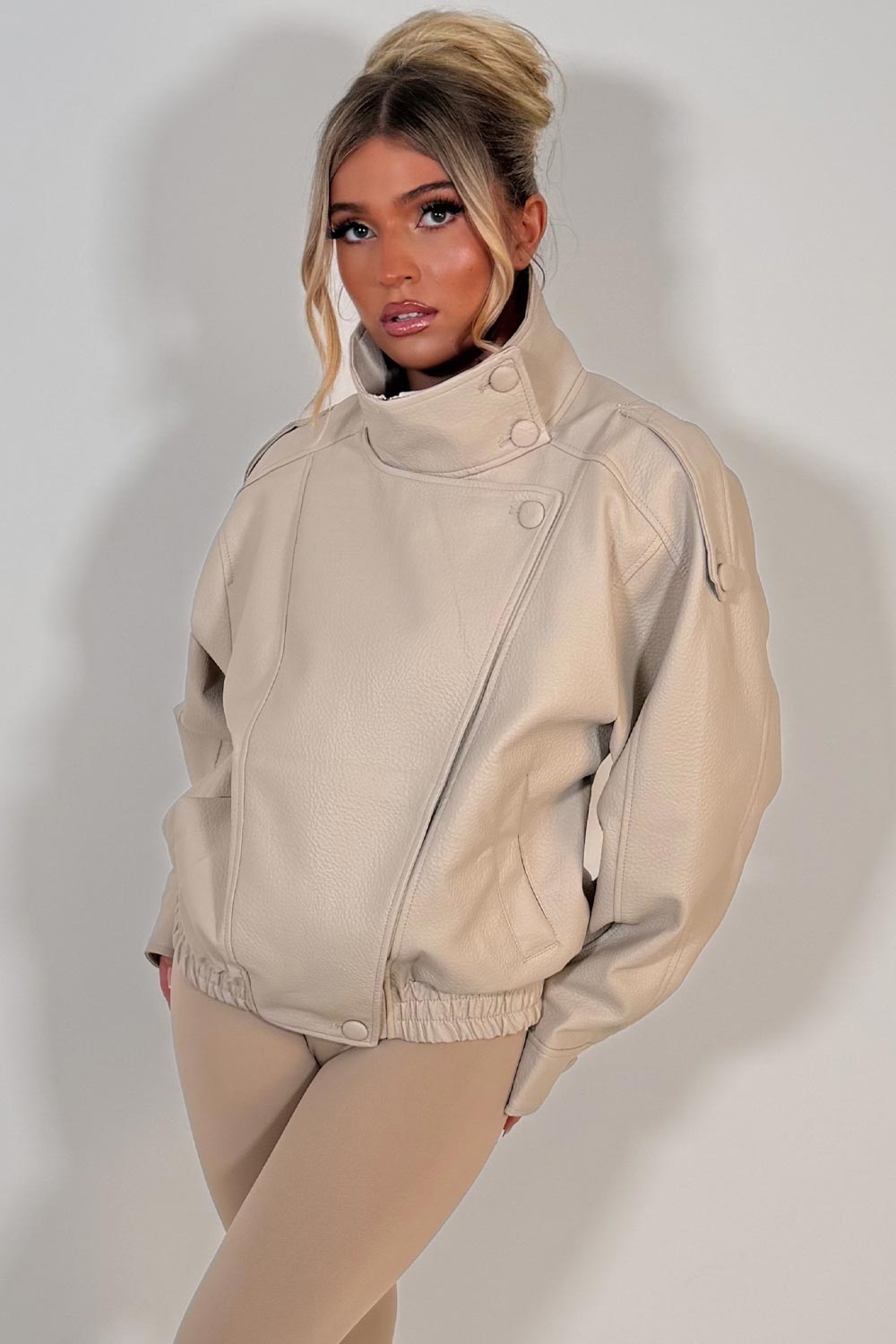 Faux Leather Funnel Neck Jacket Beige