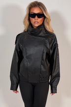 Black Faux Leather Funnel Neck Jacket