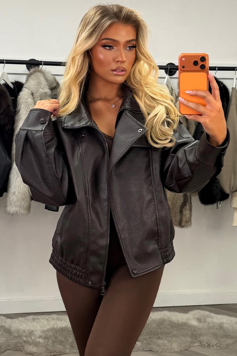 Faux Leather Funnel Neck Jacket Brown