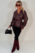 Leather Effect Jacket With Lapel Collar And Belt Burgundy