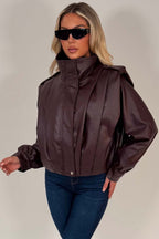 Burgundy Faux Leather Funnel Neck Bomber Jacket