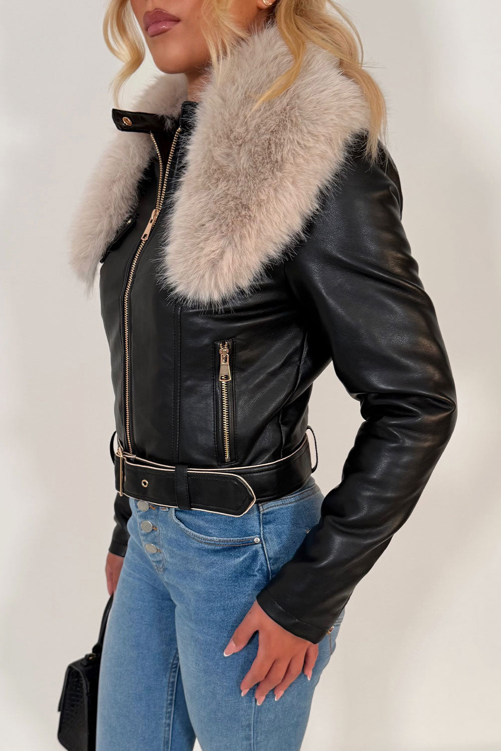 Beige Faux Fur Collar Jacket In Black Faux Leather With Belt