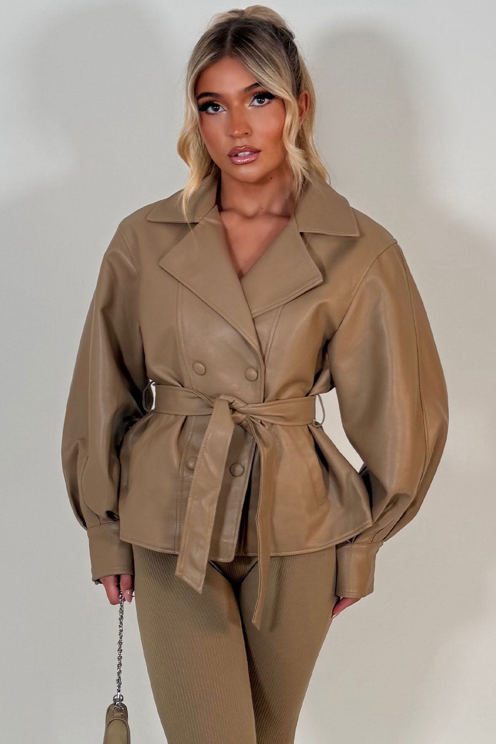 Leather Effect Jacket With Lapel Collar And Belt Beige