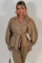 Leather Effect Jacket With Lapel Collar And Belt Beige