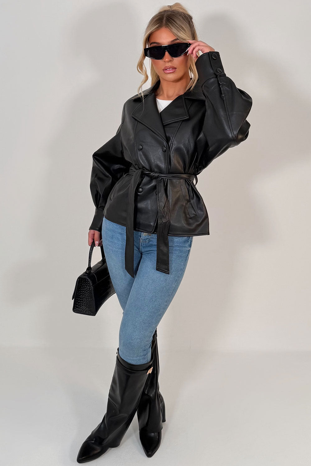 Leather Effect Jacket With Lapel Collar And Belt Black