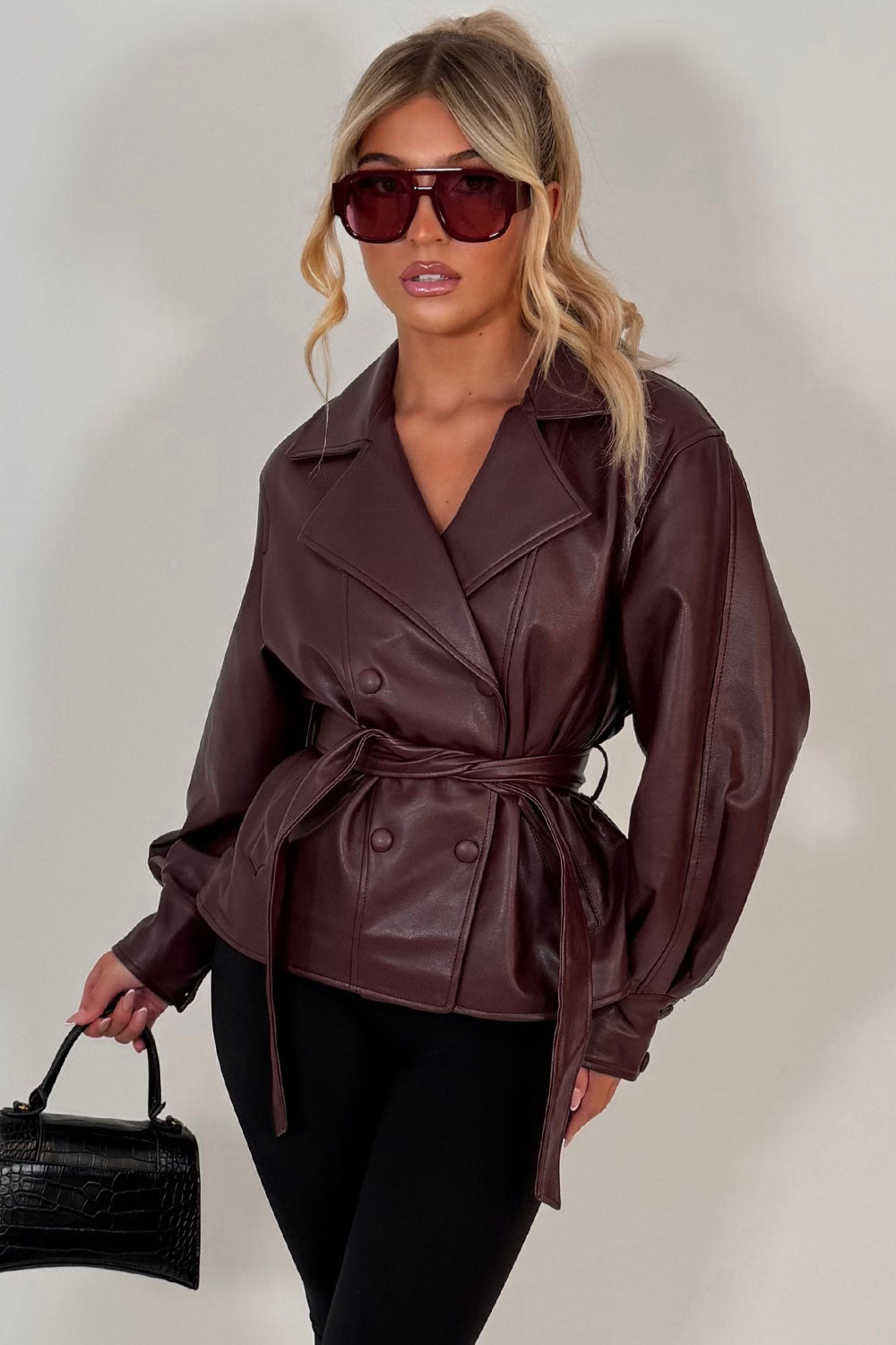 Leather Effect Jacket With Lapel Collar And Belt Burgundy