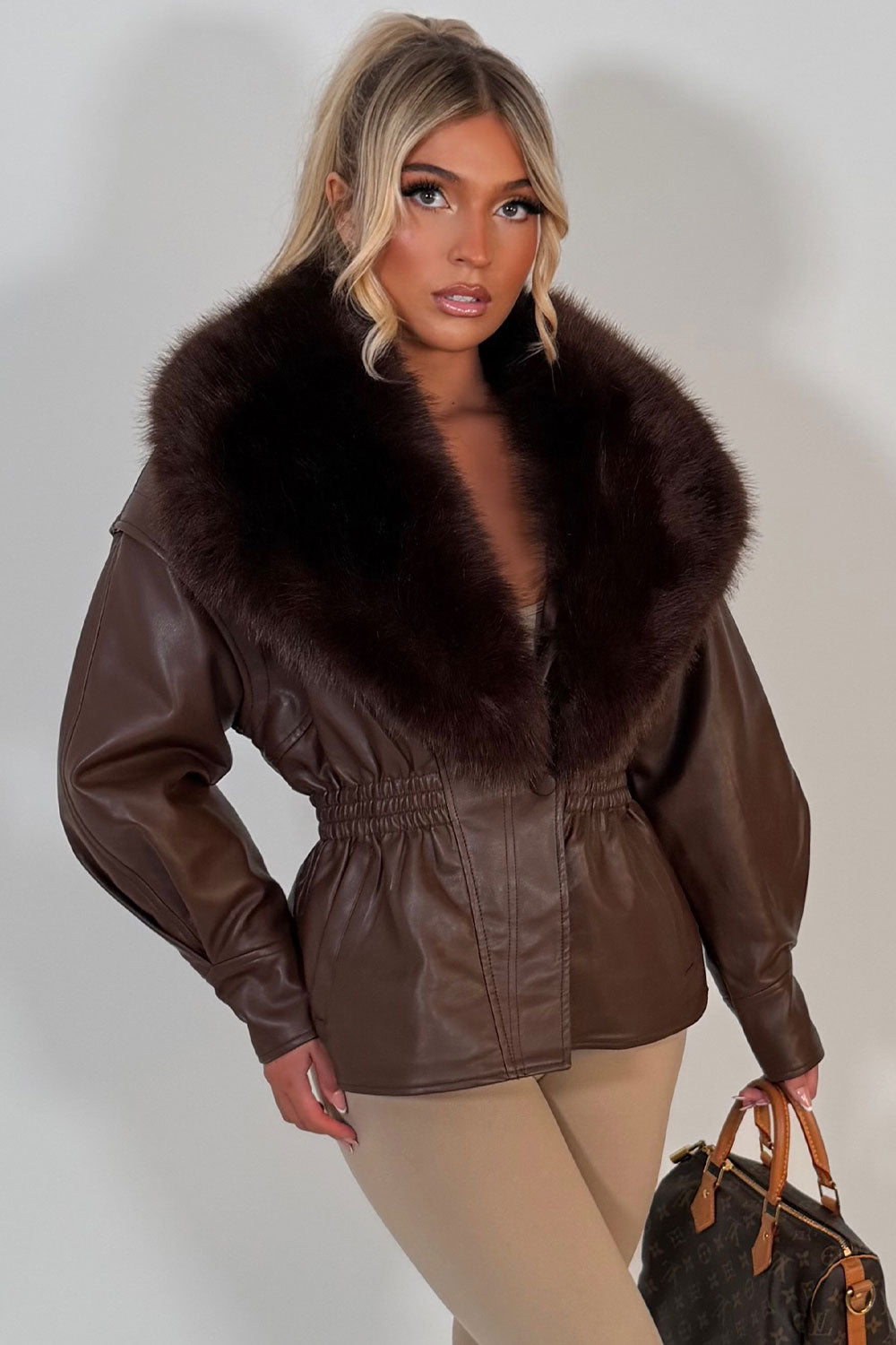 Brown Fur Collar Faux Leather Jacket With Cinched Waist